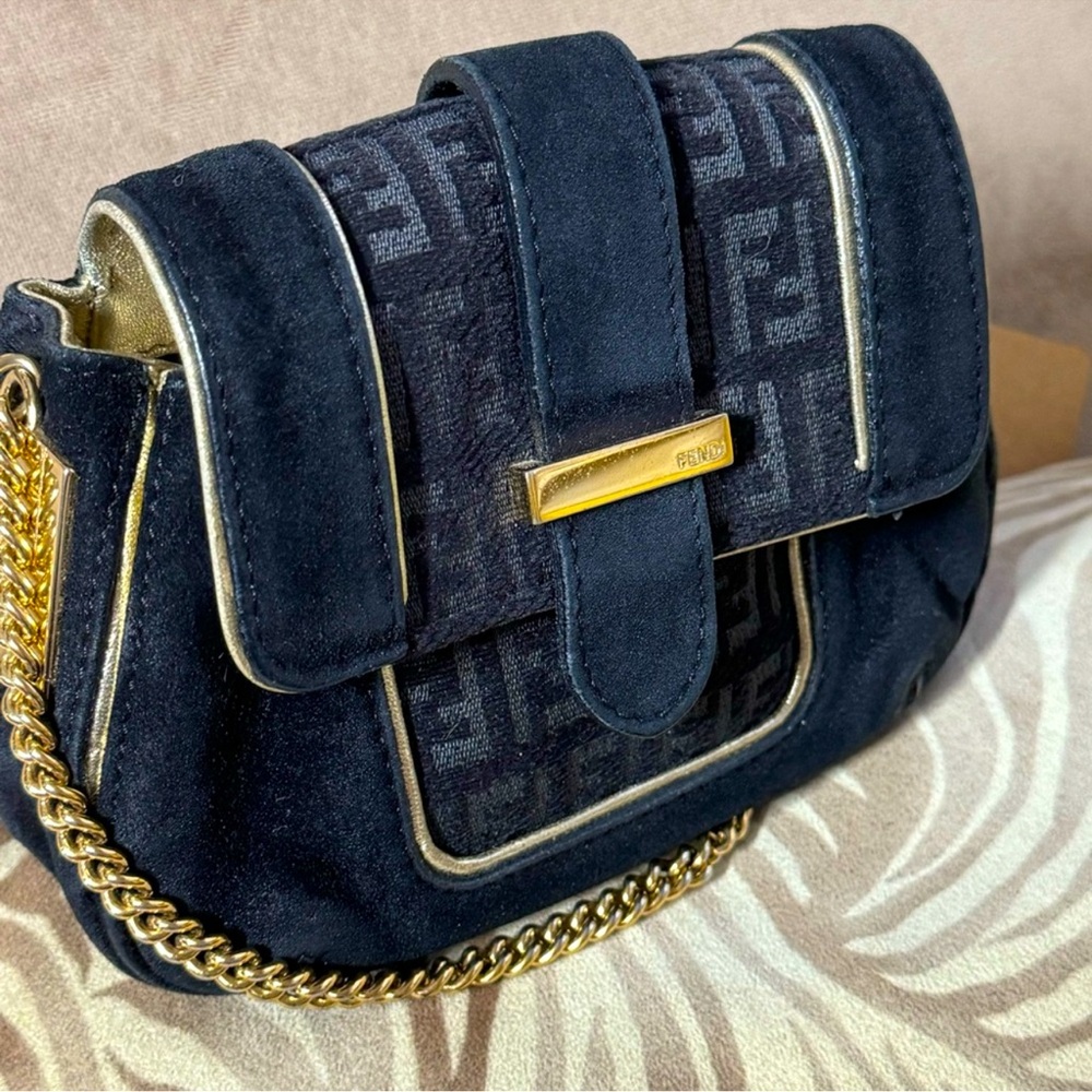 FENDI - suede canvas and leather trimmed crossbody/shoulder bag. W/COA